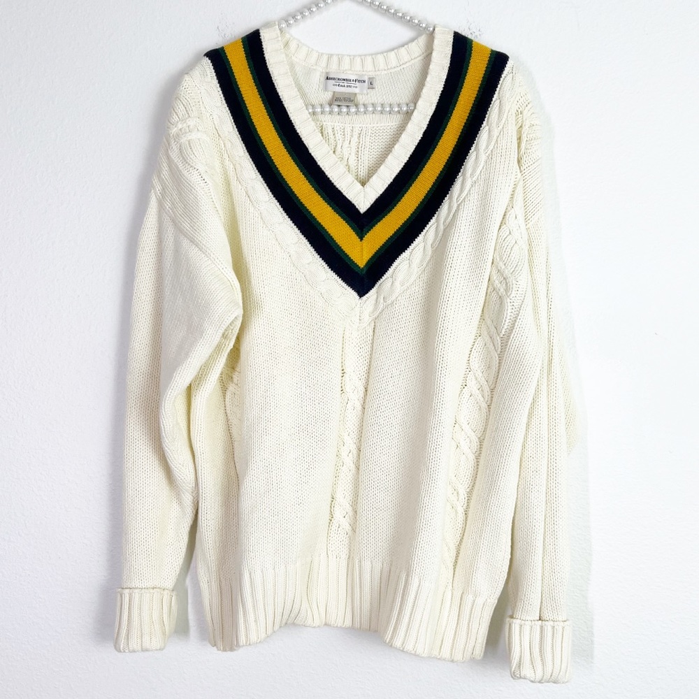 Vintage Abercrombie Cable Knit Striped Sweater Ivory Size Large